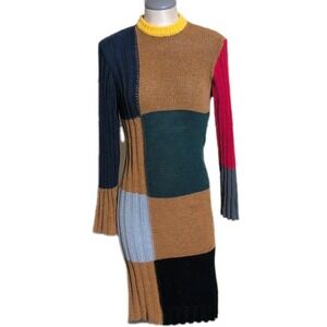 YanYan Tweedle Colorblock Ochre Rainbow Tweed Knit Column Dress Colorblock Comfy